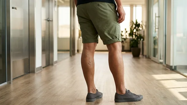 Pria bercelana pendek chino dan bersepatu kets berdiri di koridor kantor, dengan varises ringan terlihat di betisnya